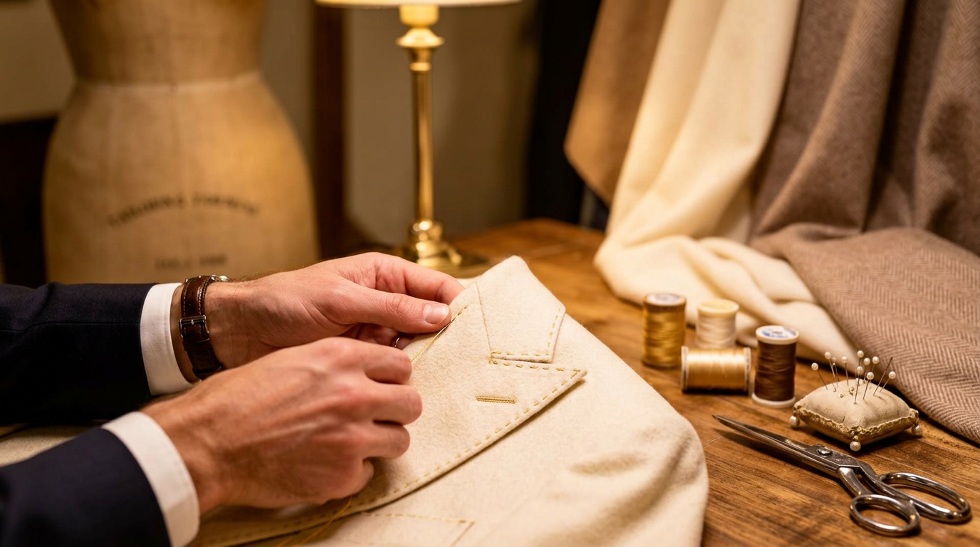 Expert tailor hand-stitching a premium suit jacket